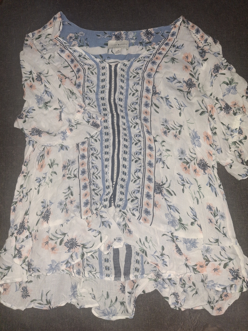 Lucky Brand White Floral Peasant Tunic with Blue and Pink Accents